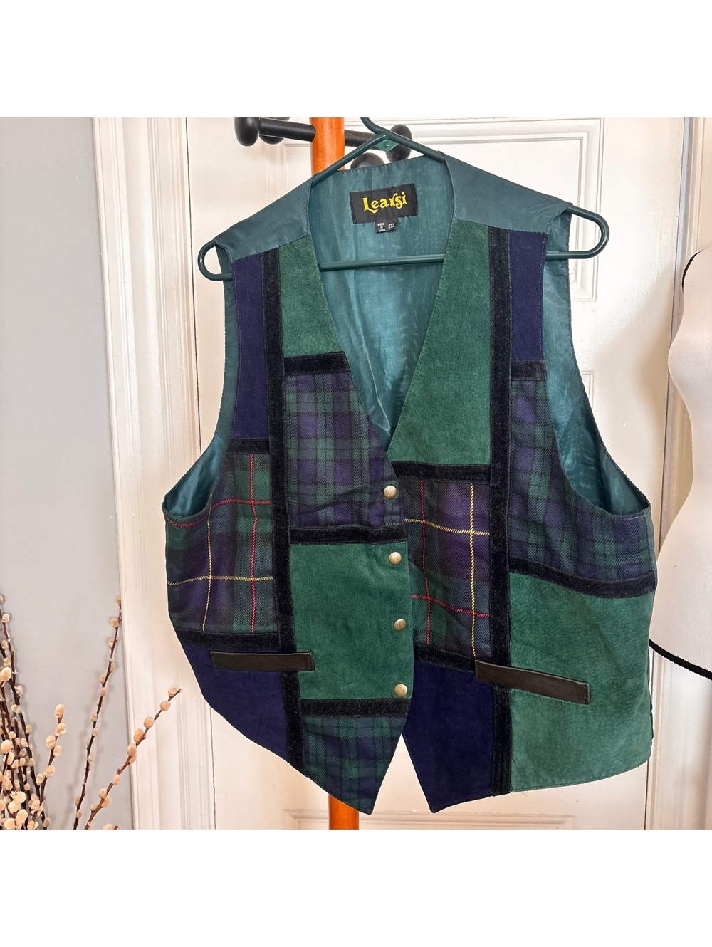 Leaasi Vintage Patchwork Vest in Green and Blue Plaid - Size 2XL